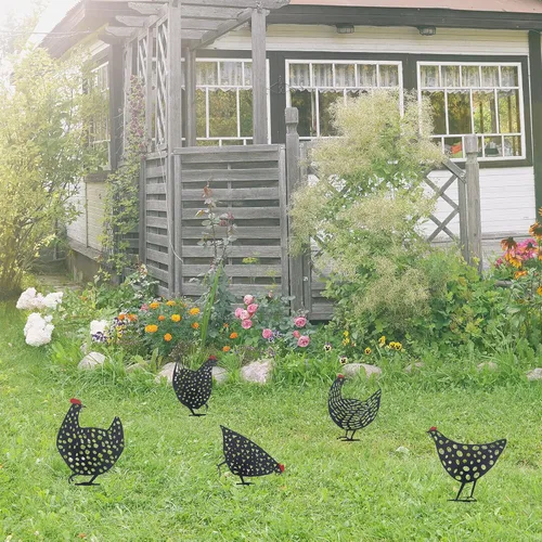 Vista 4 de AOZITA 5 piezas de 13 pulgadas de metal para patio de pollo para jardín, estaca decorativa hueca de animales de gallo, estatua de silueta, camino