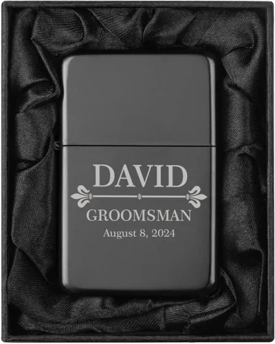 Vista 24 de Encendedor personalizado grabado en caja de regalo forrada en seda negra (Monograma circular 2, negro)