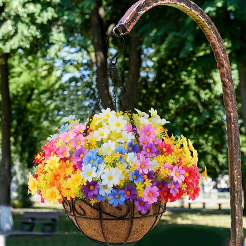 Vista 5 de Flores artificiales colgantes al aire libre con canasta, colgador de plantas, 12 piezas de flores falsas, resistentes a los rayos UV, gypsophila