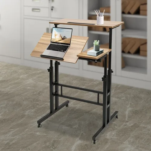 Vista 2 de Escritorio móvil de pie con ruedas, escritorio portátil de altura ajustable con ruedas, oficina en casa de pie y asiento, 2 modos