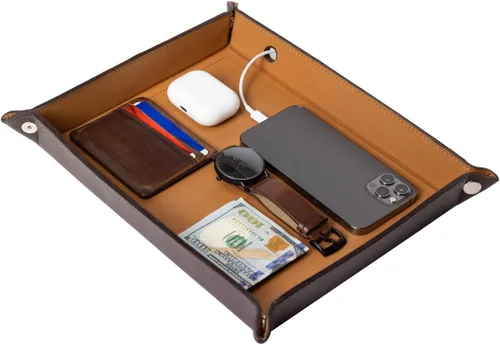 Vista 3 de Bandeja grande de cuero genuino Bandeja de cartera de joyería, plato para llaves, mesa de entrada, organizador para hombres, bandeja de noche