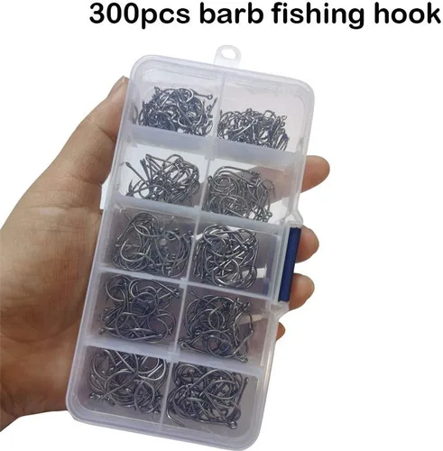 Vista 4 de 300pcs pequeños anzuelos de pesca negro alto carbono ganchos de pesca Set 6 tamaños con una caja de plástico