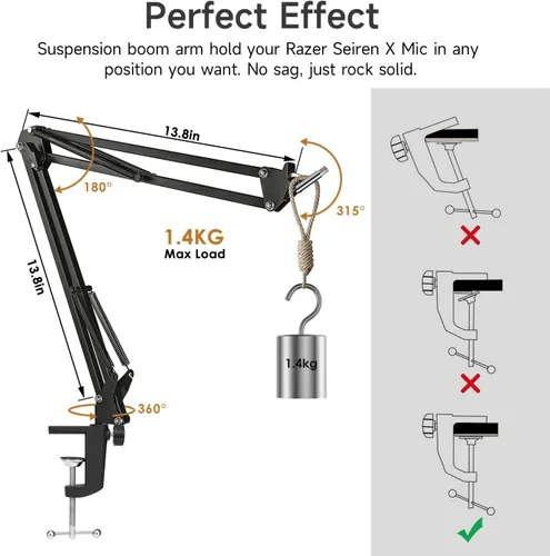 Vista 3 de Para Razer Seiren X Boom Arm, soporte de micrófono resistente con cubierta de espuma y adaptador, brazo de micrófono compatible con Blue Yeti