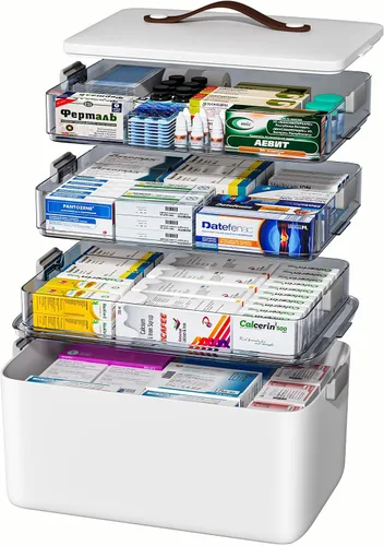 Vista 7 de JOYBOS Caja de Almacenamiento de Medicamentos de 3 Niveles Gabinete, Kit de Primeros Auxilios Vacío, Organizador Portátil de Suministros Médicos