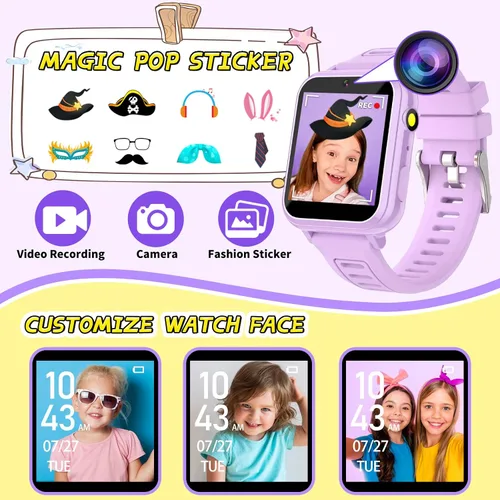 Vista 3 de Vakzovy Reloj inteligente para niños y niñas, reloj inteligente para niños de 4 a 12 años con 24 juegos, cámara HD, reproductor de música
