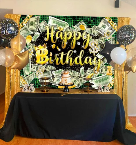 Vista 2 de Fondo de cumpleaños de 5 x 3 pies para fiesta de dinero, fondo de billetes de dólar, telón de fondo de hip hop, para niños, niñas y hombres