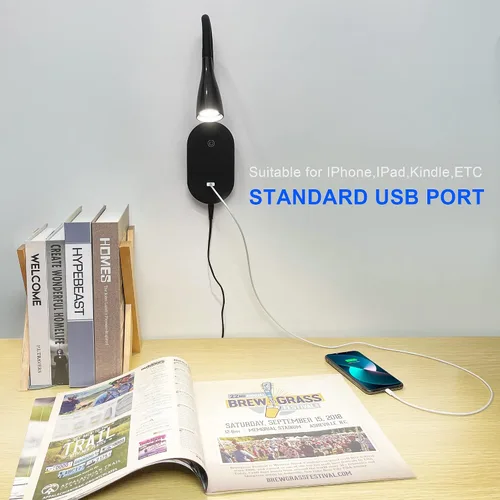 Vista 2 de Luz de lectura de pared, lámpara de libro para leer en la cama, lámpara de lectura moderna con salida USB y control táctil, 5 luces LED regulables