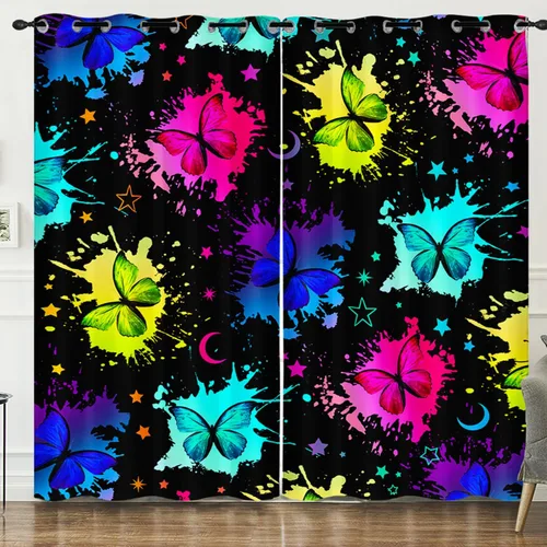 Vista 8 de HOSIMA Cortinas mágicas de hongos 2 paneles, cortinas de mariposa floral con mandala para sala de estar, decoración de habitación de moda para niñas