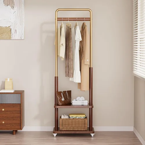 Vista 9 de Brand Perchero de madera maciza con ruedas independiente, entrada dormitorio sala de estar, combinación de madera de metal, ropa ropa bufanda