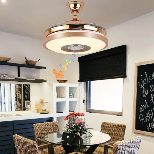 Vista 2 de Fandian Ventiladores de techo inteligentes modernos de 36 pulgadas con luz, candelabros con altavoz Bluetooth, 7 colores retráctiles con control