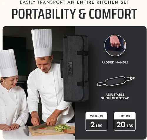 Vista 5 de Asaya Bolsa enrollable para cuchillos de chef, 20 bolsillos en total para cuchillos y utensilios de cocina, fabricada con nailon encerado resistente