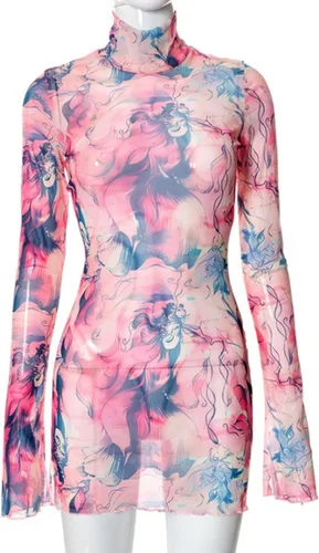 Vista 5 de Vestido corto de malla transparente con teñido anudado floral para mujer, sexy, cuello alto falso, ajustado, acampanado, manga larga, vestido