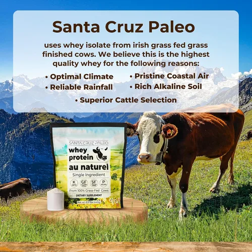 Vista 4 de Santa Cruz Paleo Polvo de Proteína de Suero, Sin Sabor, 20 G de Proteína de Suero Aislada Alimentada con Pasto por Porción, Sin Gluten, Apto