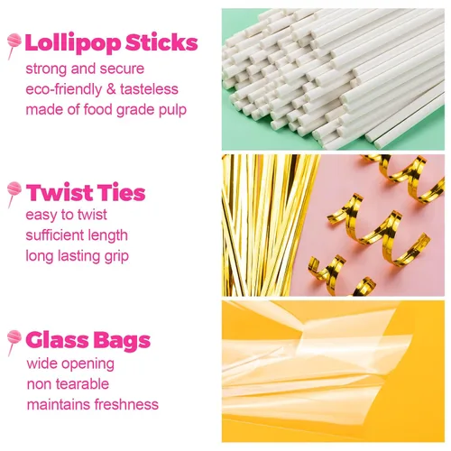 Vista 3 de 300 piezas de palitos para pastel pop y envolturas, palitos para pastel pop de 15 cm con lazos para caramelos, chocolates, galletas y dulces