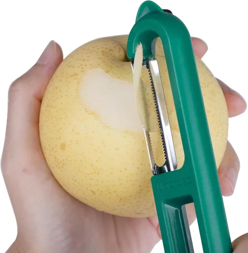 Vista 3 de Linoroso Pelador de frutas dentado, pelador clásico de verduras, pelador europeo para cocina, pelador japonés de verduras de acero inoxidable