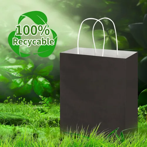 Vista 4 de Toovip - Paquete de 50 bolsas de papel kraft negro mediano de 8"x4.75"x10" con asas a granel, bolsas de papel para envolver regalos para recuerdos