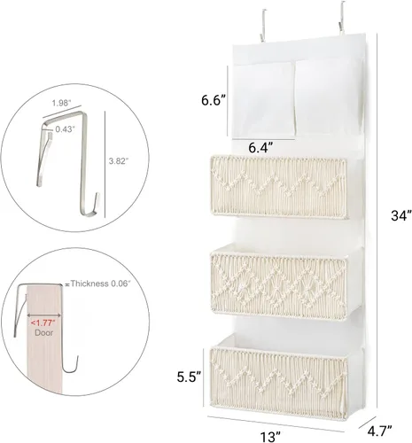 Vista 3 de Mkono Organizador de macramé sobre la puerta, decoración bohemia para colgar del cuarto de bebé, con 3 bolsillos grandes tejidos, organizador