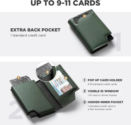 Vista 4 de VULKIT Cartera minimalista para hombre, tarjetero desplegable con bloqueo RFID, cierre magnético, billetera de cuero con ventana de identificación
