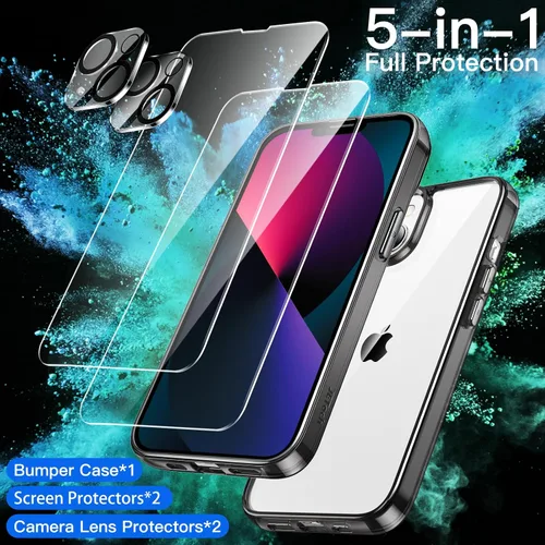 Vista 2 de JETech Funda 5 en 1 para iPhone 13 de 6.1 pulgadas, con 2 protectores de pantalla y 2 protectores de lente de cámara, película de vidrio templado