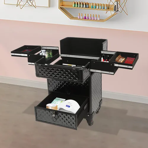 Vista 7 de Maleta de viaje con ruedas para maquillaje, organizador de almacenamiento de maquillaje, organizador de almacenamiento de manicura, organizador