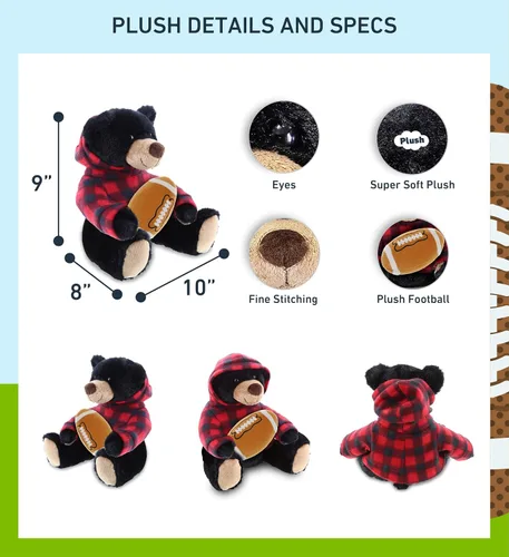 Vista 3 de DolliBu Animal de peluche de oso negro con felpa de fútbol – Oso súper suave para abrazar con capucha a cuadros rojos, juguete de peluche regalo