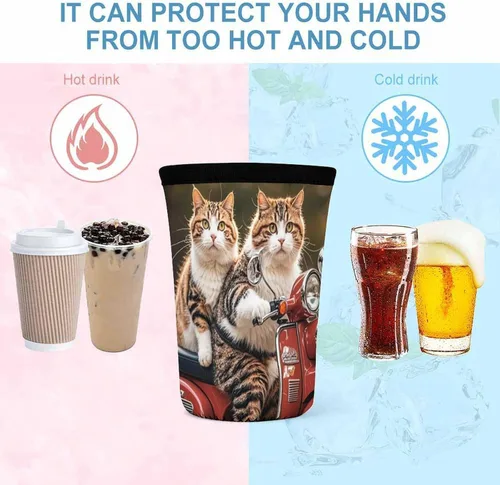 Vista 4 de Two Funny Cats Driving A Motorcycle Reusable Insulated Neoprene Iced Coffee Cup Sleeves 3 Sizes Diving Material Cup Durable Beverage Covers for Cold