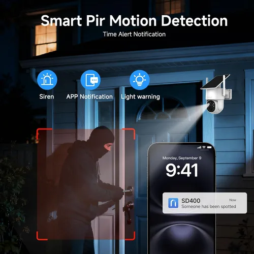 Vista 5 de Noorio Cámara de seguridad solar 2K inalámbrica para exteriores, inclinación panorámica de 360°, WiFi 6 de doble banda 2.4/5GHz, visión nocturna a