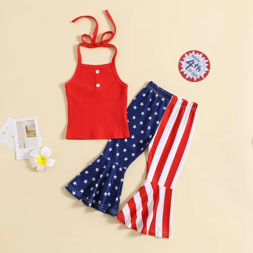 Vista 2 de Noubeau Traje de 4 de julio para niña pequeña, camiseta de manga corta, pantalones de campana con bandera americana, ropa de verano