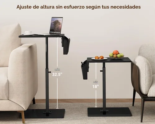 Vista 4 de Vagusicc - Mesa con bandeja para apoyabrazos de sofá, mesa giratoria de 360° con altura ajustable para TV, mesa auxiliar para espacios pequeños Negro