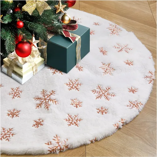 Vista 9 de Falda de árbol de copos de nieve de oro rosa de 24 pulgadas, faldas de árbol de piel sintética blanca, mini faldas de árbol de Navidad, tapete