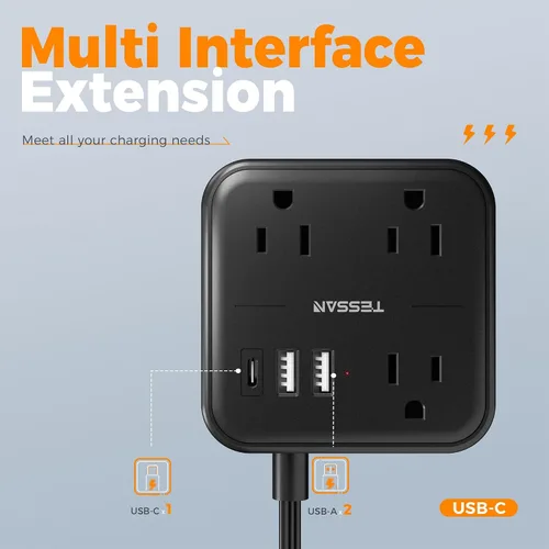 Vista 4 de TESSAN - Cable de extensión plano ultradelgado de 5 pies, color negro Slim Power Strip with USB Ports (1 USB C), Surge Protector, Flat Plug Wall