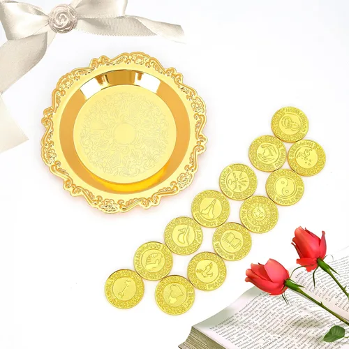 Vista 8 de TINGKU Juego de 13 Monedas de Unidad para Ceremonia de Boda Arras de Boda con Bandeja Placa Boda Arrhae Moneda Católica