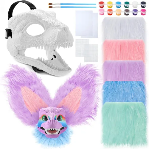 Vista 7 de Seenelling Kit de 13 piezas de máscara de dinosaurio DIY, máscara de dinosaurio de plástico duro, kit de disfraz de dinosaurio peludo Therian