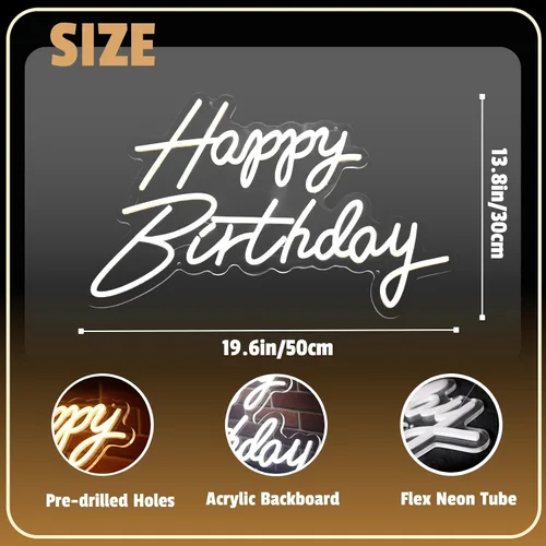Vista 8 de Letrero de neón con texto en inglés "Happy Birthday", letras LED acrílicas de 19.6 x 11.8 pulgadas, letras iluminadas, letreros LED de neón