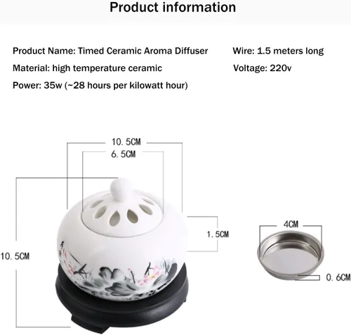 Vista 7 de Quemador de incienso eléctrico con temporizador, quemador de fragancia de cerámica de temperatura ajustable, difusor de aceite perfumado de resina