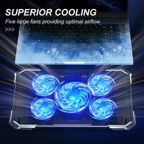 Vista 2 de KYOLLY Alfombrilla de refrigeración mejorada para laptop, enfriador de laptop para juegos con 5 ventiladores silenciosos, 2 puertos USB, 5 alturas