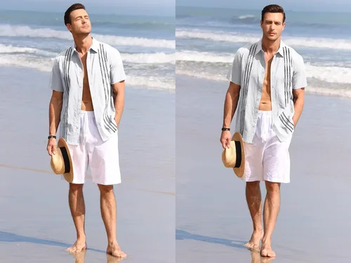 Vista 4 de Camisas guayabera de manga corta para hombre, de lino y algodón, con botones, bordadas mexicanas, para boda