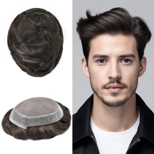 Vista 18 de Monofilamento fino para hombre, sistema de cabello humano Remy, piel de polietileno transparente alrededor del postizo de monofilamento, peluca