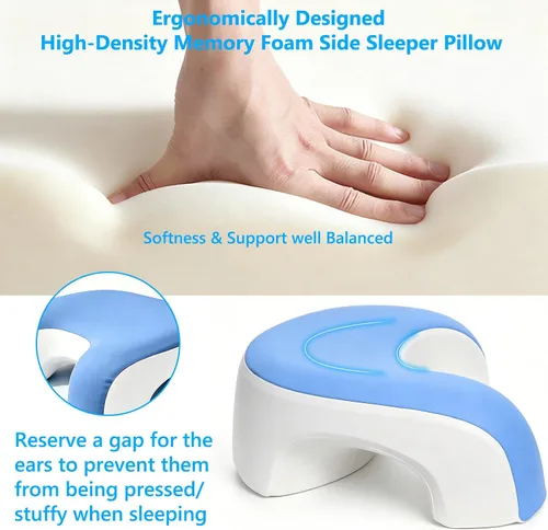 Vista 5 de Almohada cervical ergonómica de espuma viscoelástica para dolor de cuello y hombros, almohada versátil de rodilla, pierna y brazo, azul y blanco