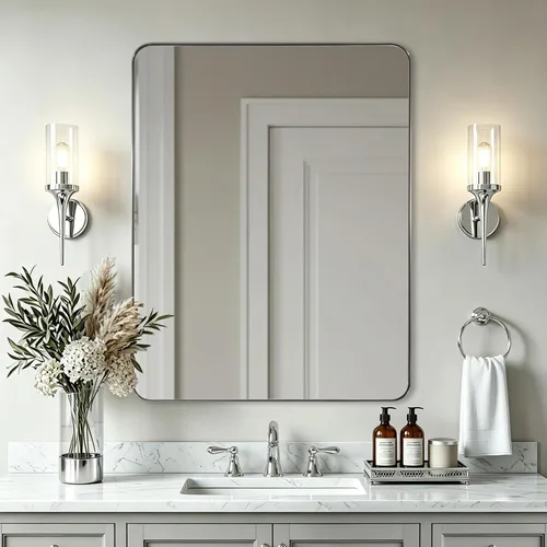 Vista 62 de ANDY STAR Espejo de pared cuadrado para baño, espejo de baño negro mate de 24 x 24 pulgadas, espejo de metal de esquina redondeada en marco de acero