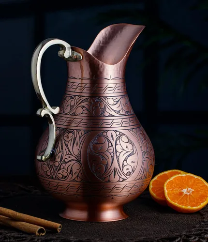 Vista 3 de DEMMEX The Pitcher - Jarra ayurveda de cobre macizo grabada a mano de cobre macizo de 0.039 pulgadas para agua potable, mula de Moscú, cóctel