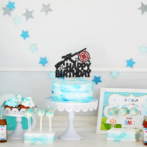 Vista 5 de Decoración para tartas de cumpleaños con temática de disparos de pistola, decoración de pastel de cumpleaños para hombre