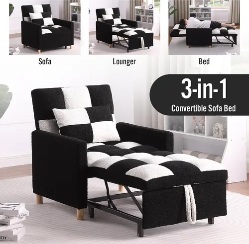 Vista 3 de Sofá cama convertible 3 en 1, silla convertible multifuncional, tela de peluche suave para sala de estar, apartamento, oficina Negro&blanco