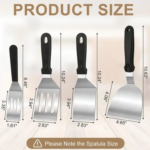 Vista 7 de Juego de 4 espátulas de acero inoxidable, espátula sólida y ranurada con raspador de media luna, utensilios de cocina de metal para cocinar, voltear