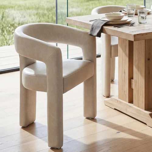 Vista 20 de Silla moderna de comedor en barril, silla de cocina acentuada tapizada en cuero sintético con brazos, silla lateral cómoda para sala de blanco