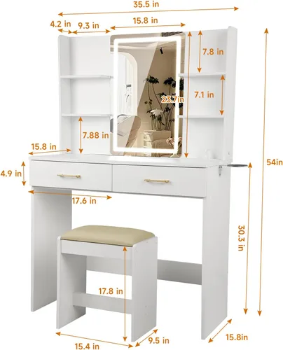 Vista 6 de QUALIKRAFT - Juego de tocador blanco con espejo LED y taburete, mesa de maquillaje con toma de corriente incorporada (2 AC y 2 USB), 2 cajones