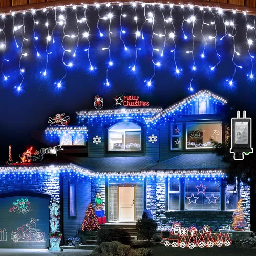 Vista 10 de Luces de Navidad de carámbano para exteriores, 60 pies, 612 luces LED con 136 gotas, 12 modos, regulable, temporizador y resistente al agua, 29 V