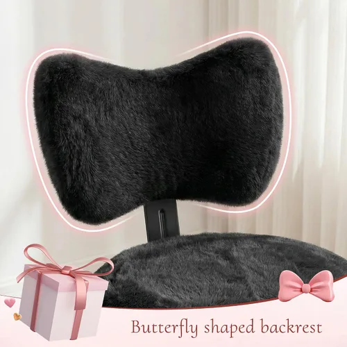 Vista 3 de Homkdom Silla de tocador con ruedas, bonita silla de escritorio con respaldo de lazo, silla de oficina pequeña de piel de conejo sintética esponjosa