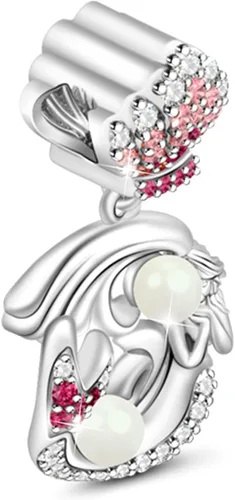 Vista 8 de GNOCE Dije de plata de ley 925 con diseño de sirena y perlas de oro rosa con circonitas cúbicas para pulseracollar, regalo para mujer (2 plata)