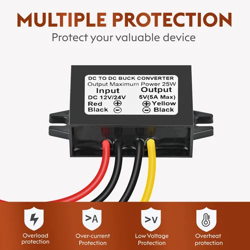 Vista 5 de Convertidor reductor de voltaje CC de 12 V/24 V a 5 V 5 A 25 W, módulo de potencia regulado para cámara de vigilancia de vehículos automáticos